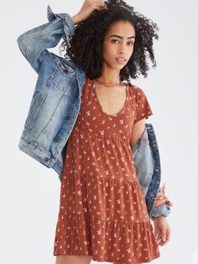 Aeropostale Rust Floral Scoop-Neck Tiered Mini Dress with Pink Accents